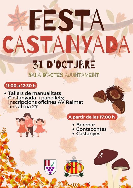 Imatge del poster explicatiu de la Festa de la Castanyada on s'hi poden veure fulles de tardor, bolets, castanyes i dues nenes ballant amb una senyora.